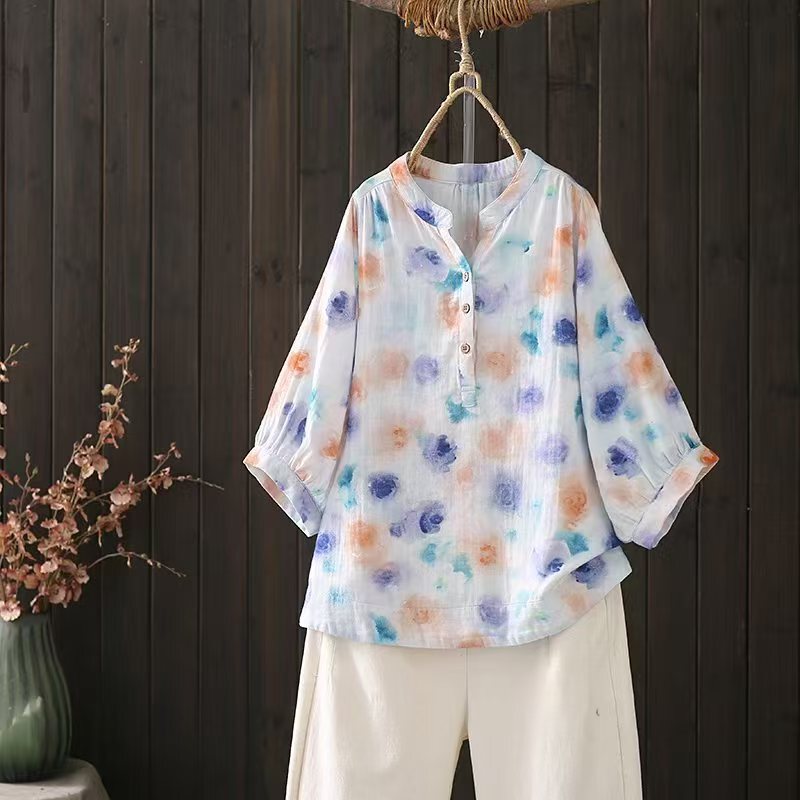 Korean Style Ink Flower Print Top Loose Scissor V Neck Bat Sleeve Short-Sleeved Shirt Women's Summer Shirt