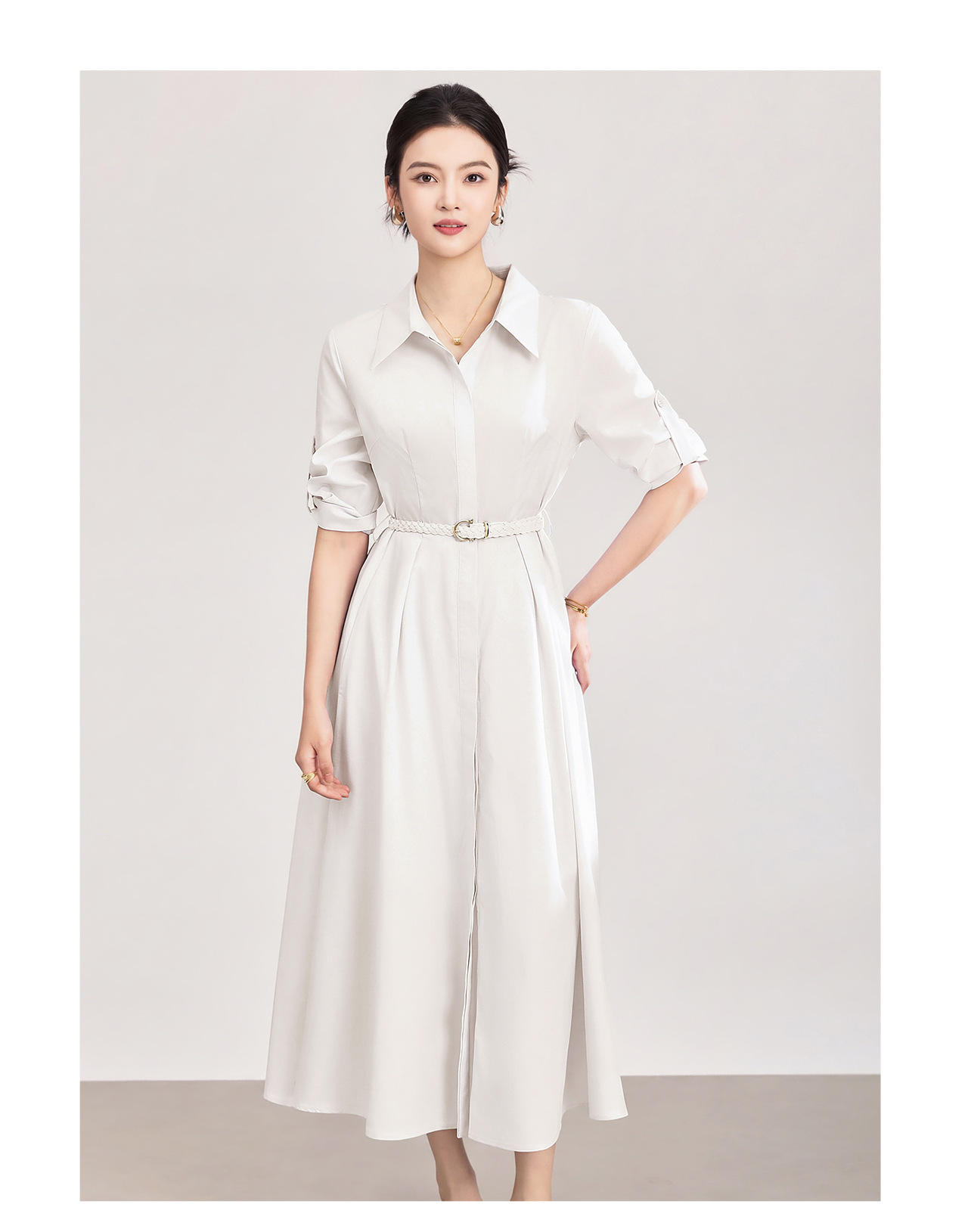 Đầm sơ mi nữ tay dài cổ ve, chất liệu tơ tằm pha cotton, dáng suông thoải mái — xanh lam chi tiết 16
