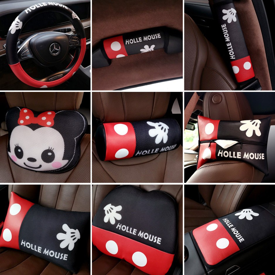 外贸汽车方向盘套 可爱卡通数码印花皮革皮质米老鼠头枕套装