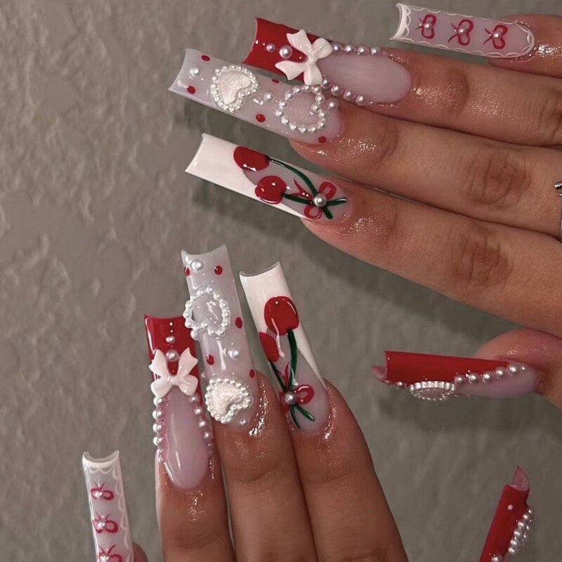Cross-border European and American Style Sweet Cool Spice Girl Style Wear Armor Love Bow Cherry Painting French Nail Art Patch nail Cross-border European and American Style Sweet Cool Spice Girl Style Wear Armor Love Bow Cherry Painting French Nail Art Patch nail