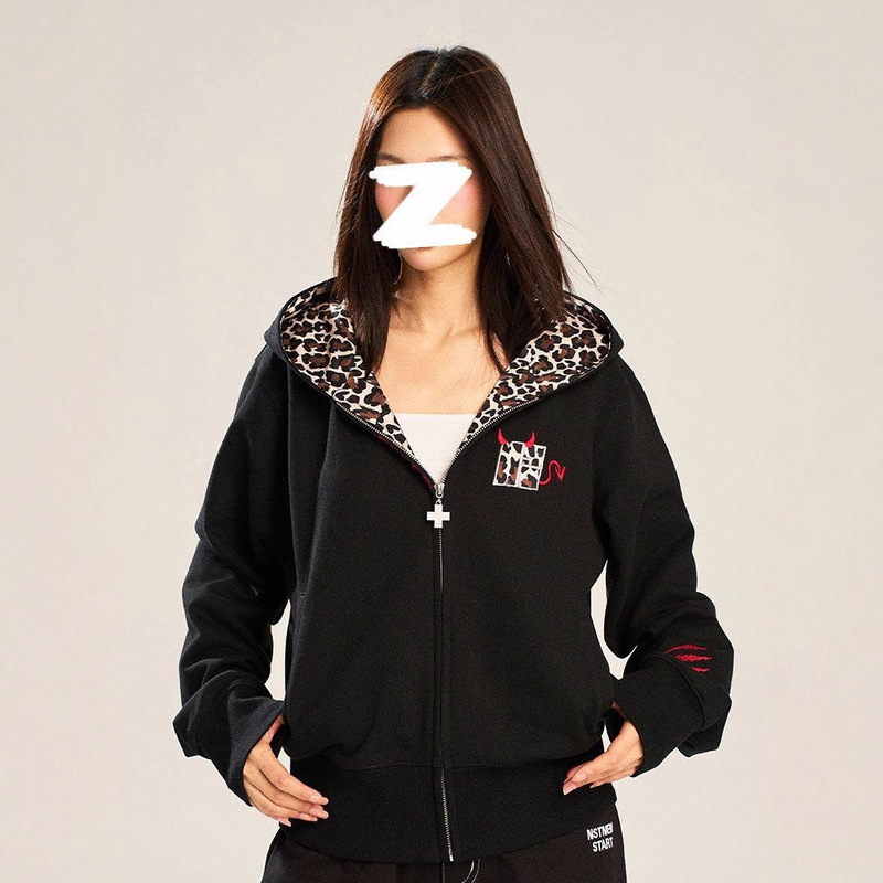 American High Street Little Devil Leopard Print Cardigan Hooded Sweatshirt for Women Autum Design Loose and Versatile Couple Jacket