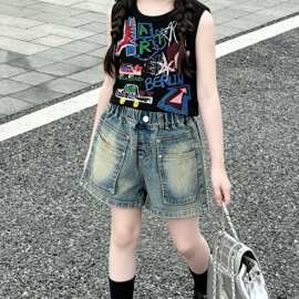 女童牛仔短裤2026夏季新款中大童韩版高腰大口袋洋气阔腿牛仔短裤