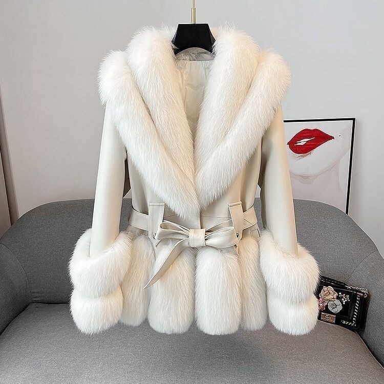 2025 New Winter Large Lapel Imitation Fox Fur Plus Cotton Leather Jacket Women's down Cotton Outwear Classy Outwear