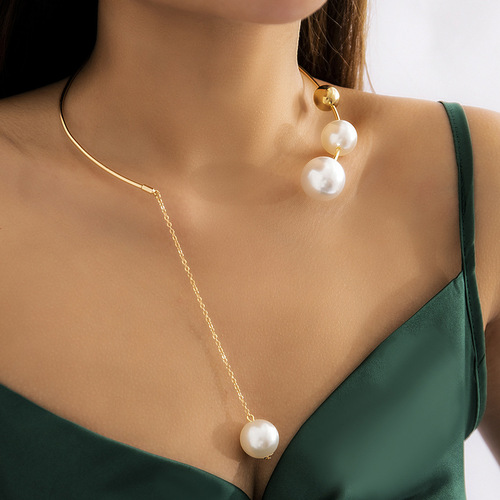 Simple geometrical character round bead chain of clavicle niche open collar design in Europe and the cold wind imitation pearls necklace earrings