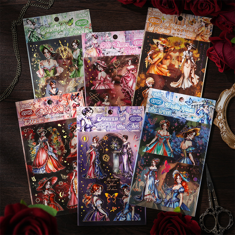 Pegatinas anticuadas transparentes láser impermeables para mascotas diy pegatinas de diario de contabilidad retro europeas transfronterizas pegatinas de chicas