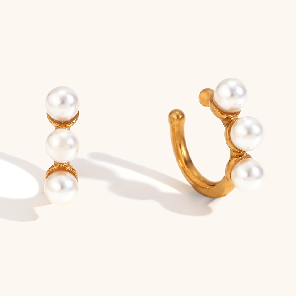 c-shaped pearl inlaid stainless steel earrings