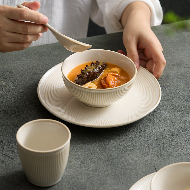 Beige Tableware Set, Household Bowl, Spoon and Plate Combination, Creative Hotel Restaurant Club, Five-Piece Table Setting for One Person Beige Tableware Set, Household Bowl, Spoon and Plate Combination, Creative Hotel Restaurant Club, Five-Piece Table Setting for One Person