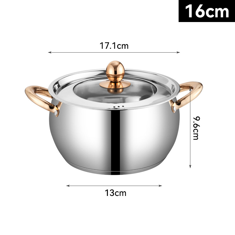 Suministro exclusivo transfronterizo de juego de ollas para sopa de acero inoxidable con forma de barriga, con doble fondo engrosado y mango de oro rosa, sartén doméstica, utensilios de cocina para exportación.