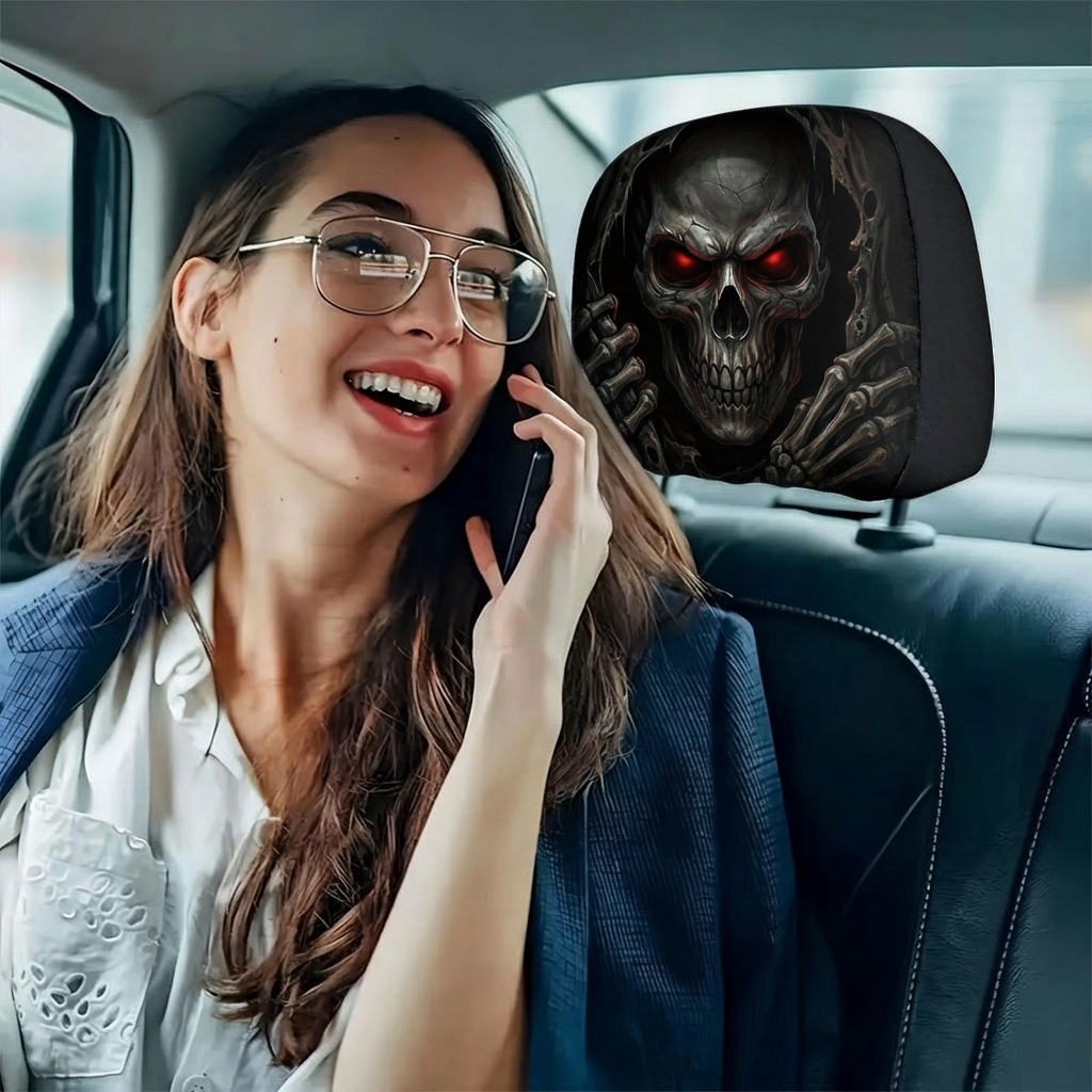 Car Headrest Cover with Red-Eyed Skull Personalized Print, Universal Neck Pillow Cover for Car Interior, Can Be Labeled and Shipped, Custom Production from Provided Images