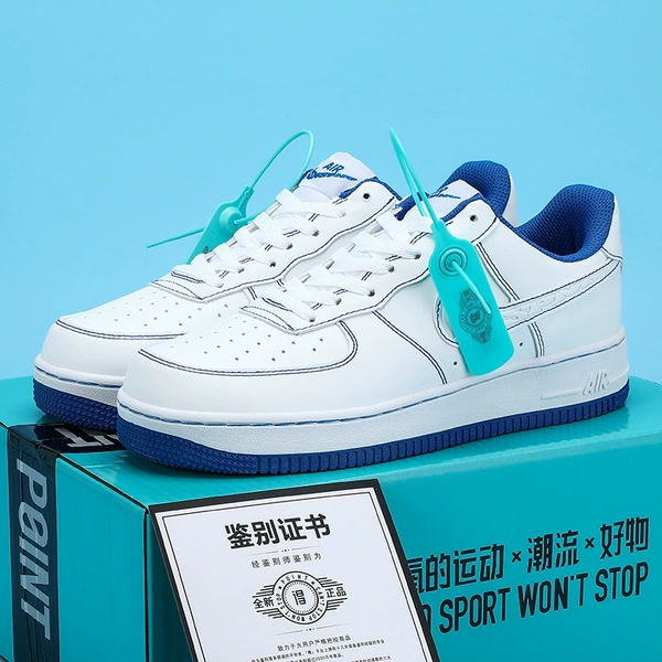 Blue and white stitching