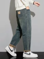 Мужские демисезонные джинсы, oversize, ретро‑синий с эффектом стирки, обычный крой, размеры 28–38