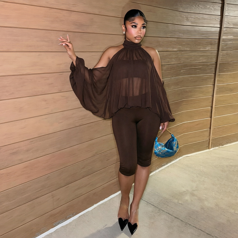 C26ST343 European and American women's fashion autumn and winter new solid color round neck off-shoulder long-sleeve top and tube top cropped pants set