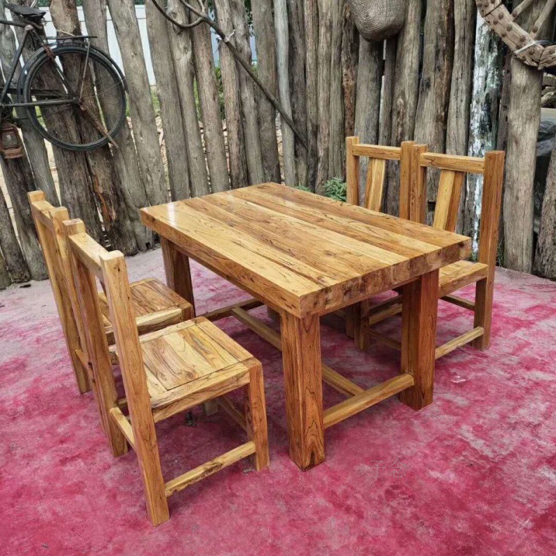 现代简约实木茶桌家用老榆木餐桌原木色老门板长条餐桌