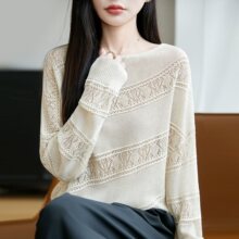 宽松慵懒风镂空条纹针织毛衣女圆领拼色长袖宽松天丝亚麻打底上衣