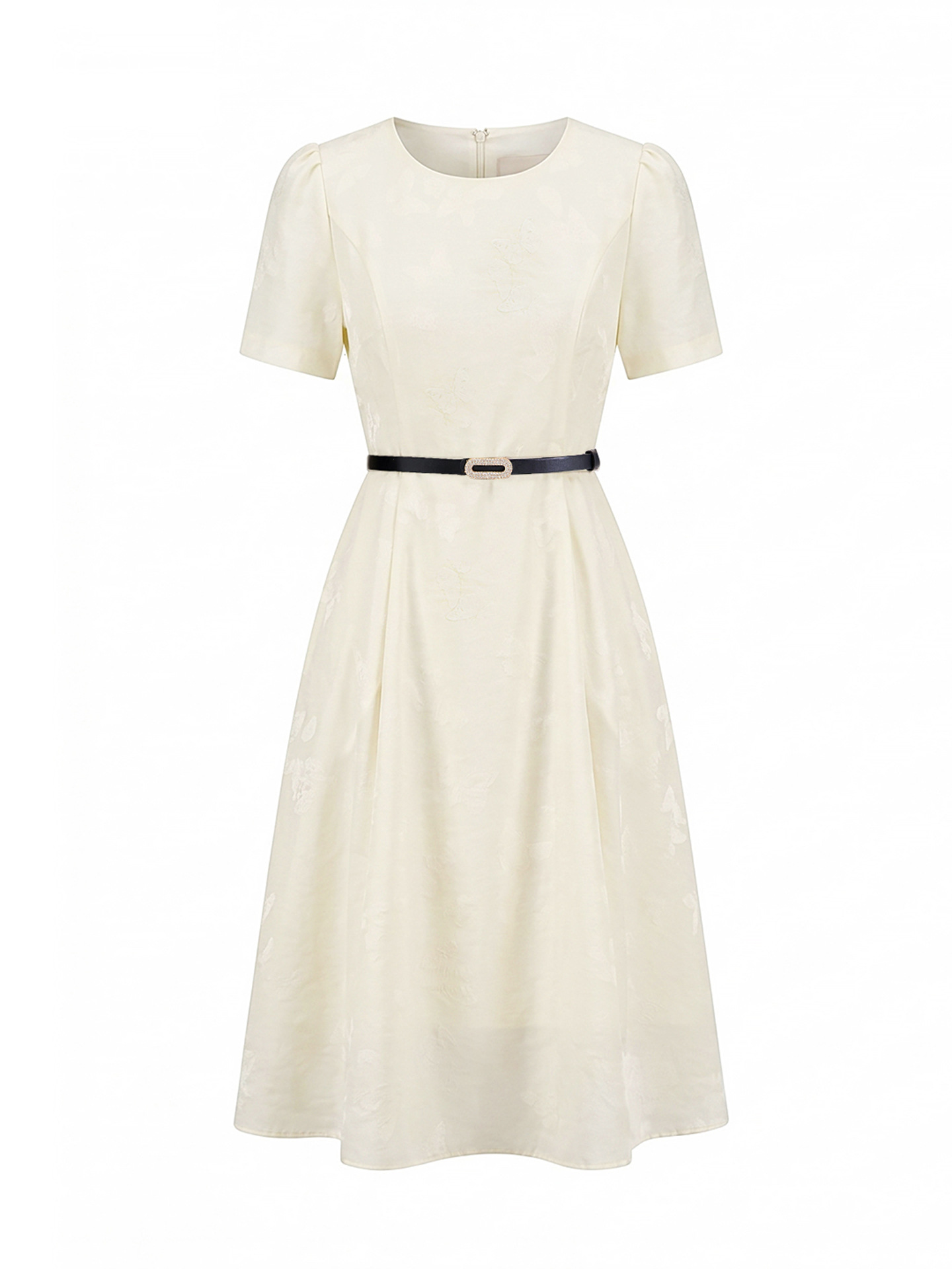 Đầm maxi nữ thắt eo họa tiết bướm jacquard kiểu Pháp — màu be