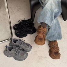 前言范新款女鞋厚底磨砂真皮老爹鞋透气运动休闲鞋子高跟系带单鞋