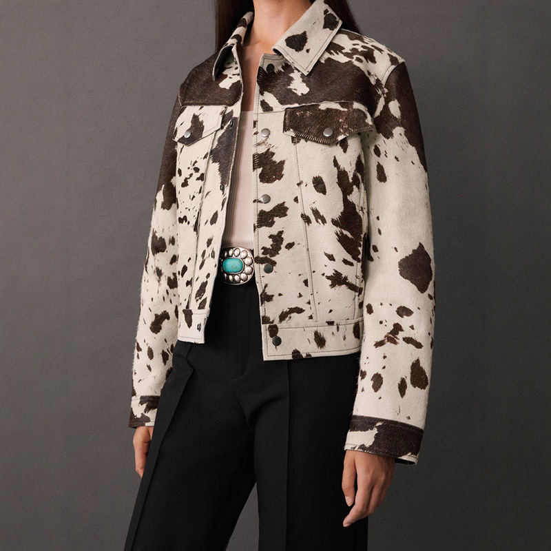 High Quality Street Jacket Imitation Horse Hair Asymmetrical Cow Pattern Long-Sleeved Short Street Jacket
