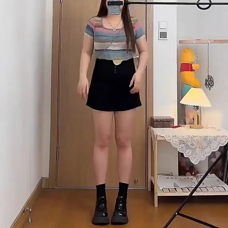 Summer Black Buttoned Waist Tummy Control Denim Shorts Women's Straight Style Wide Leg Hot Girl Pants