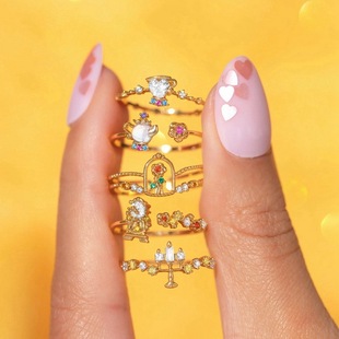 Cross-border Explosions Niche Design Advanced Sense Fairy Tale Beauty and Beast Little Princess Ring Colorful Zircon Ring for Women