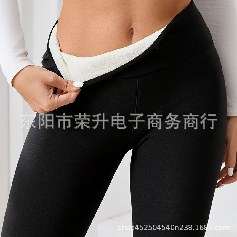 Cross-border fleece-lined Thickened Light Plate Embroidered Lamb Fleece Leggings Women's Autumn and Winter High Waist Tight Pants Warm Pants Yoga Pants
