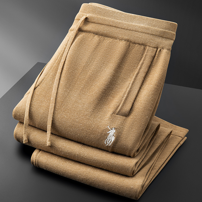 Luxury-grade summer thin men's loose-fitting old-money style straight leg casual pants, European style embroidered elastic drawstring versatile sweatpants