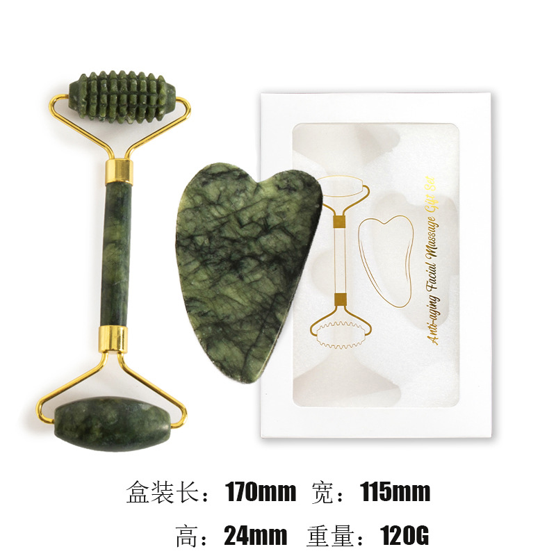Juego de tres piezas de rodillo de jade natural y tabla de gua sha, dispositivo de belleza para masaje facial, lámina de gua sha facial, fabricante de rodillos de jade