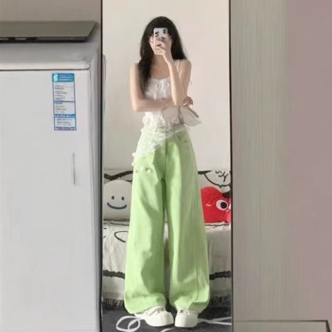 Apple Green Wide-Leg Jeans for Women 2025 Early Spring New Style Slimming Versatile Straight-Leg Floor-Length Pants Ins Trend