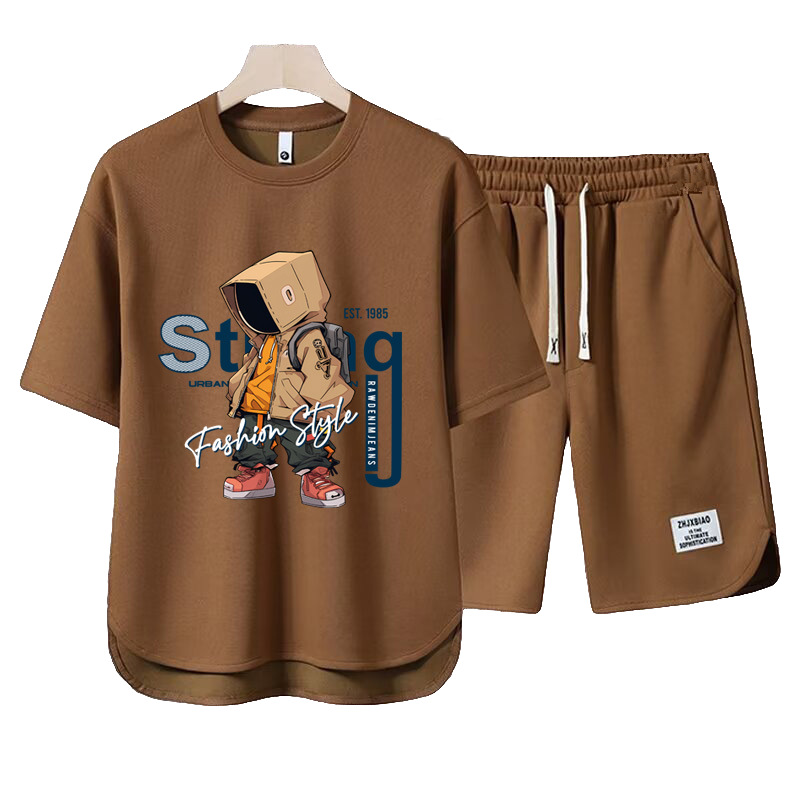 Men's Clothing 2024 Waffle Casual Summer Suit Men's Loose Teen Short sleeved T shirt Shorts Handsome Two piece Suit_mkmklike.com