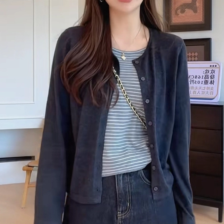 韩系拼接假两件条纹针织开衫长袖秋冬2025新款设计感减龄打底上衣|undefined