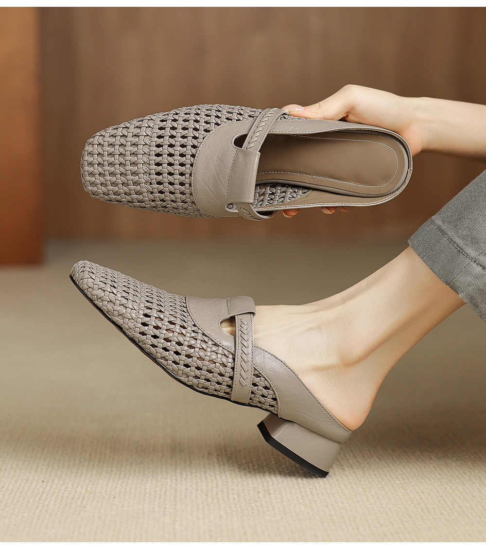 Dép sandal nữ quai chữ V đan dệt, gót thấp 3 cm, phong cách vintage — đen chi tiết 2
