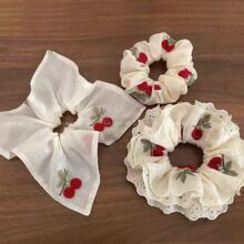 甜美刺绣红樱桃蕾丝大肠发圈女文艺气质方巾肠圈新款韩系马尾发绳