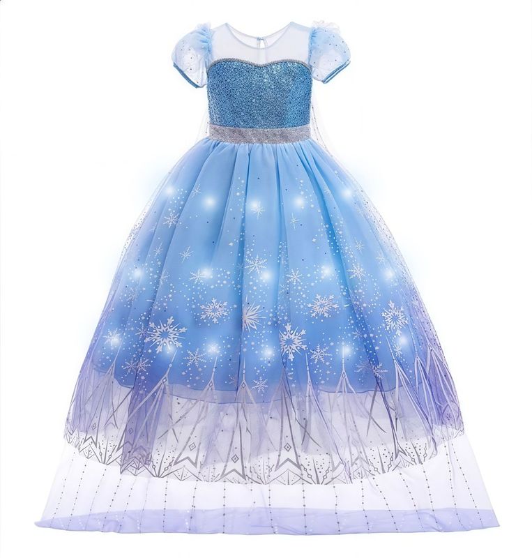 女の子用光るロングドレス アナと雪の女王 エルサ プリンセスドレス パフスリーブワンピース 取り外し可能なフロア丈のトレーン付き子供ドレス|undefined