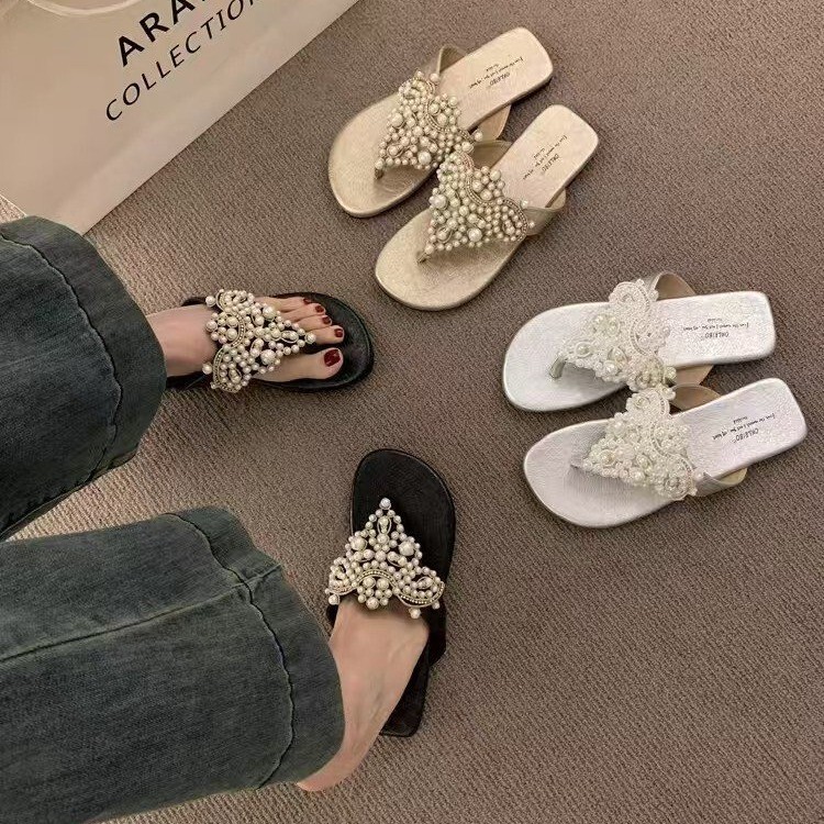 Fairy Style Flip-Flops Women's Summer Outfit 2025 New Retro Bohemian Flip-Flops Pearl Beach Sandals