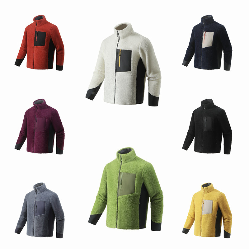 M0Nt Alternative Mountain-Style Outdoor Patchwork Color-Blocking Warm Fleece Plush Velvet Zip-Up Cardigan Stand Collar Jacket Coat