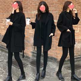 外套薄款女秋装宽松中长款毛呢外套系带大码宽松女大衣跨境直播潮