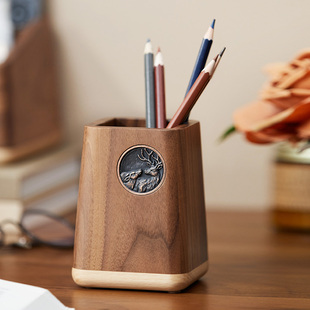 Black Walnut Wood Pen Holder Nordic Light Luxury Office Desktop Stationery Storage Box Wooden Pen Holder