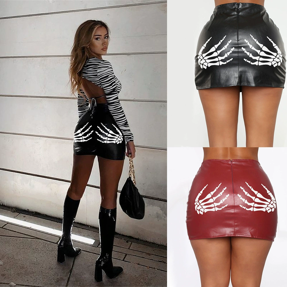 Печать PU короткая юбка женская европейская и американская трансграничная сексуальная кожаная юбка на молнии