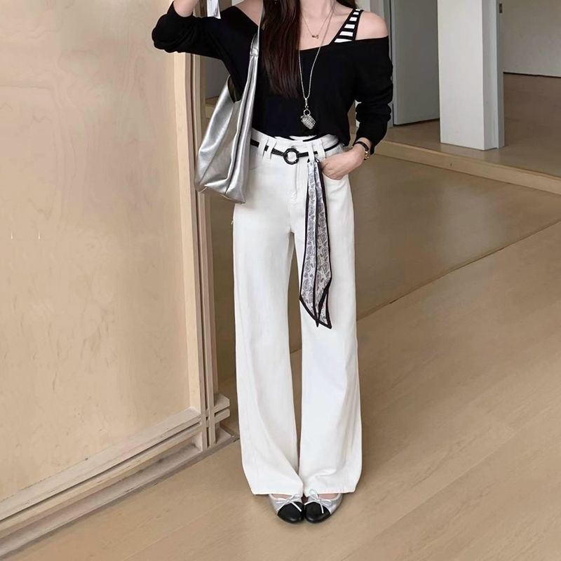 配丝巾复古水洗直筒弹力牛仔裤女秋季宽松洋气潮流时尚显瘦阔腿裤|undefined