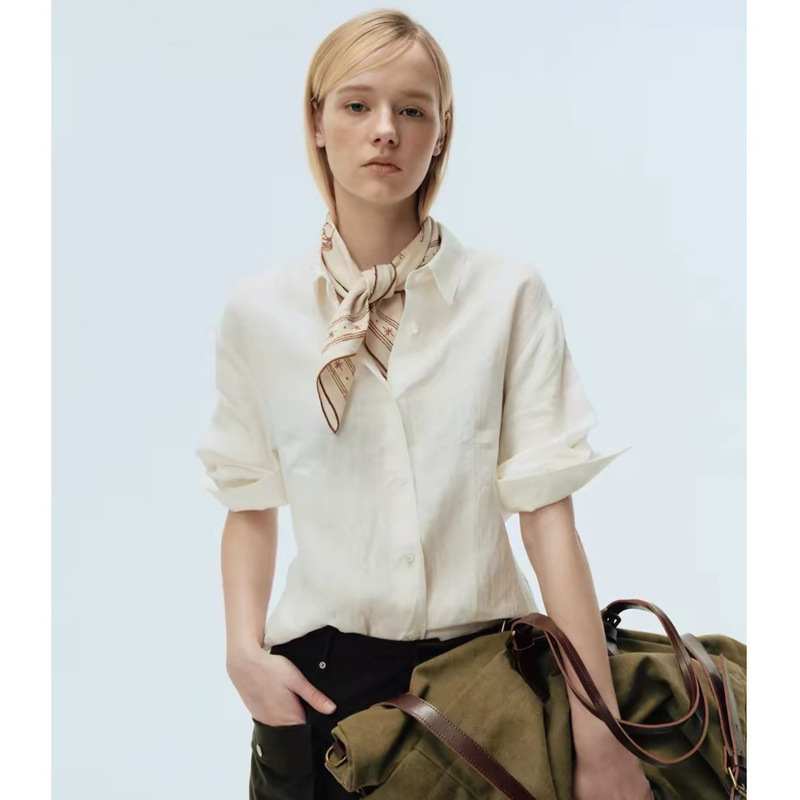 Swayway Long Holiday "Retro All-Linen Solid Color Half-Sleeve Rolled-Edge White Shirt for Women Swayway Long Holiday "Retro All-Linen Solid Color Half-Sleeve Rolled-Edge White Shirt for Women