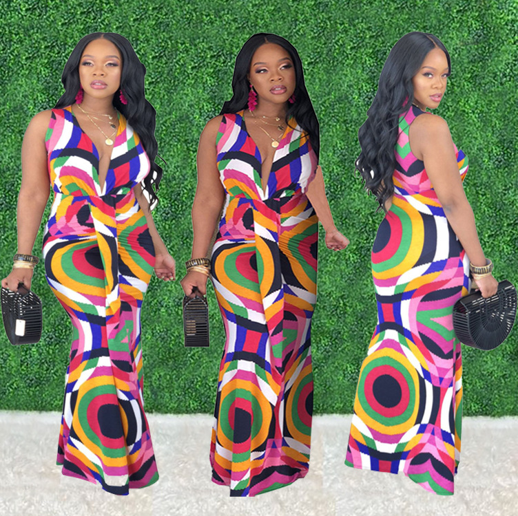 summer Europe and America Cross border Women's wear Amazon AliExpress tie-dyed Self-cultivation Sleeveless Tight fitting printing Jumpsuits