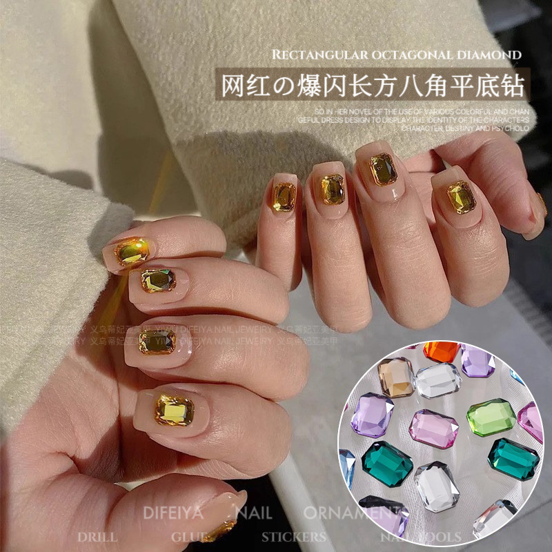 Internet Celebrity New Golden Yellow Rectangular Octagonal Manicure Diamond Flats Bottom Sugar Cube Diamond Rectangular Diamond Wearable Nail Art Jewelry