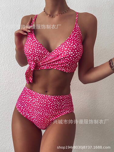  New European and American Style Sexy Floral Cross-Tie High-Waisted Two-Piece Bikini Swimsuit for Women
