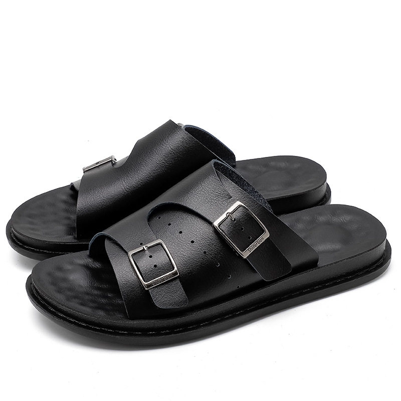 Dép sandal nam hở ngón cỡ lớn da PU chống trượt, dép lê đi biển thoáng khí — Toàn bộ màu đen, Đỏ rượu vang