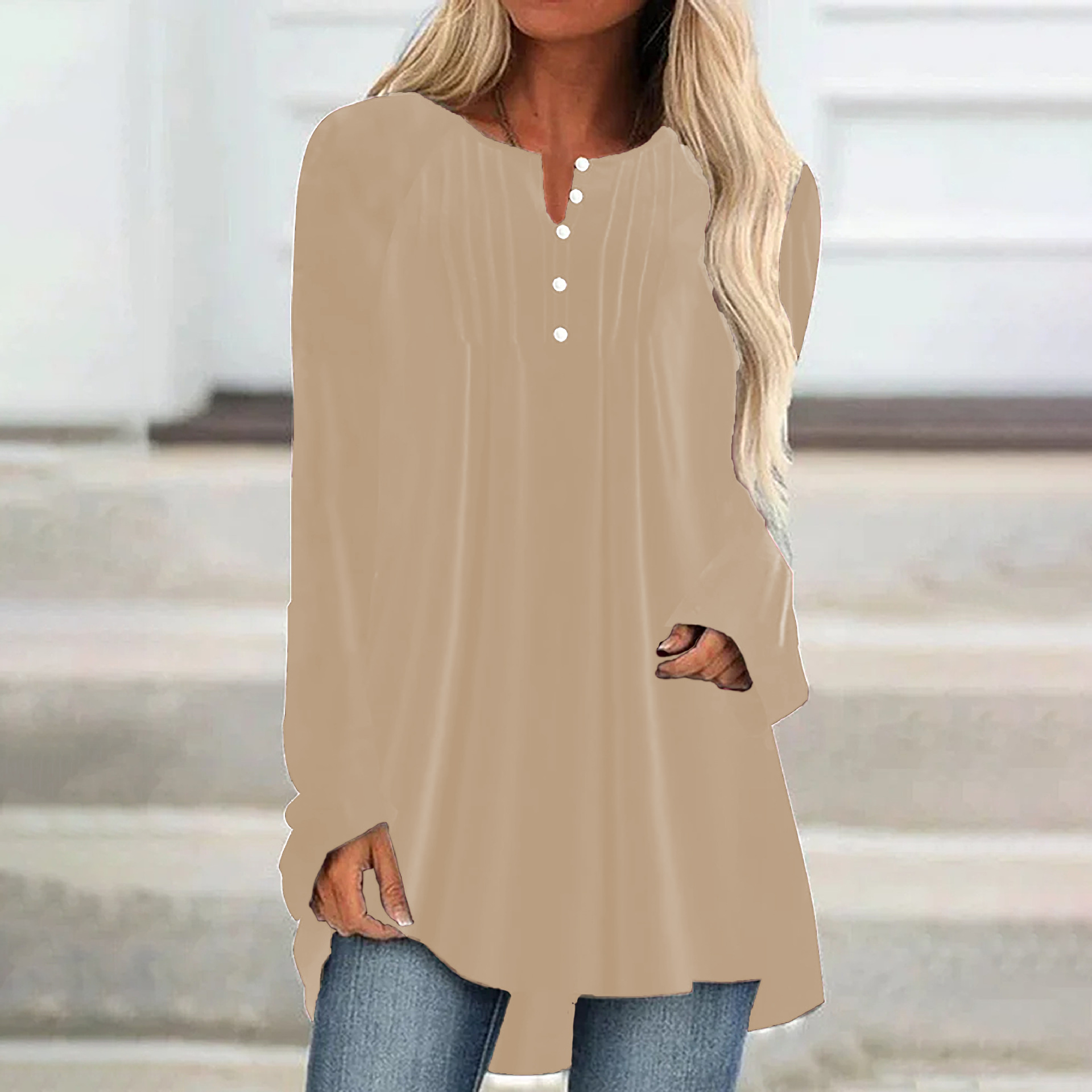 2026 European American Women's Fashion Autumn New V-neck Buttoned Velvet Long-sleeve Shirt With Chest Pleats And_ecoleips.com