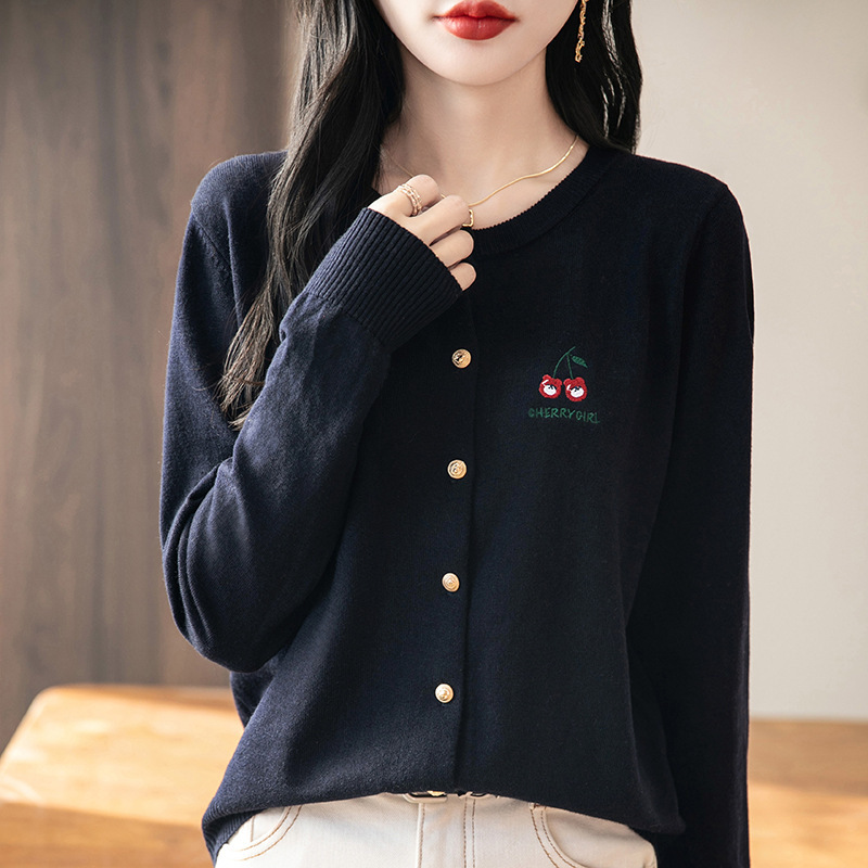 Fine Wool Round Neck Knitted Cardigan 2026 Spring and Summer New Style Embroidered Cherry Loose Versatile Top Jacket for Women