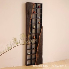 侘び寂び風古材博古棚、アンティーク花瓶、建盞茶器展示棚、無垢材多宝閣、壁掛け博古棚