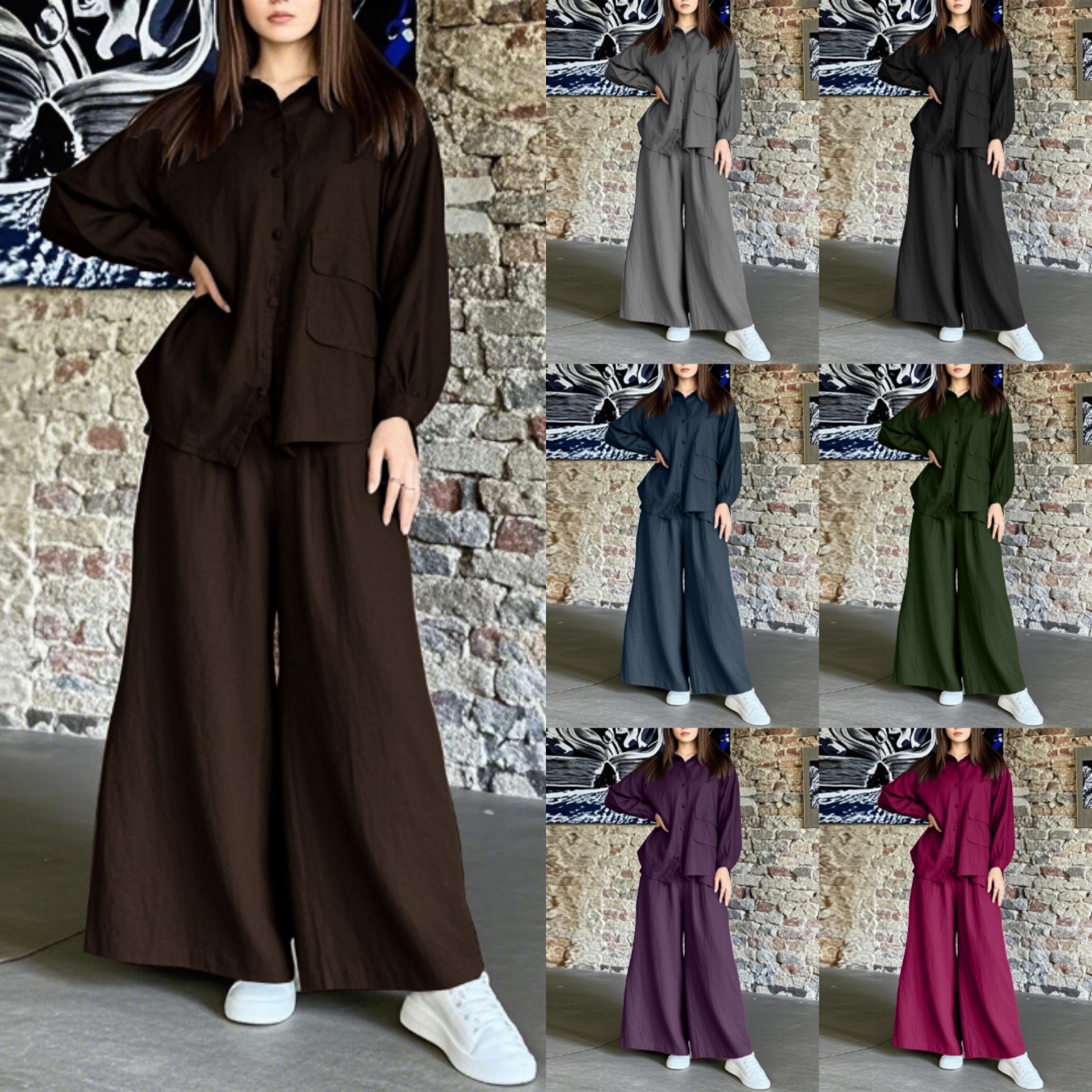 Ensemble chemise oversize en coton et pantalon large – Tenue minimaliste vintage euro-américaine (S-5XL, 7 couleurs, indispensable du bureau au week-end)_voghion.com