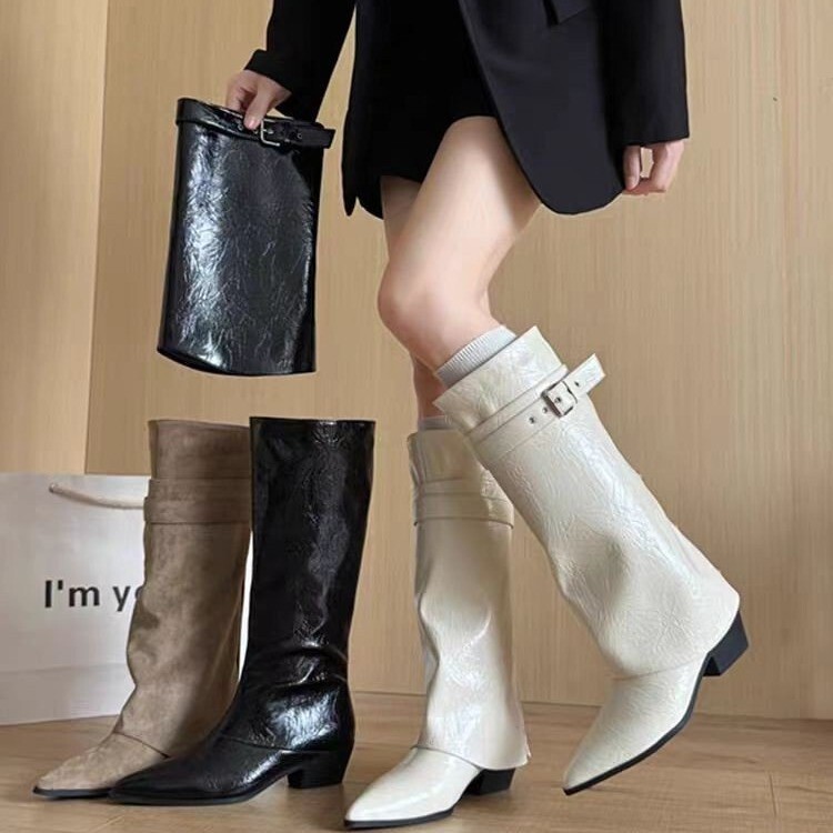 2026 Autumn Pointed Toe Knee-High Boots Elegant Wedge Heel High Boots Silver Metal Buckle Boots Trendy Runway Slim Boots 2026 Autumn Pointed Toe Knee-High Boots Elegant Wedge Heel High Boots Silver Metal Buckle Boots Trendy Runway Slim Boots