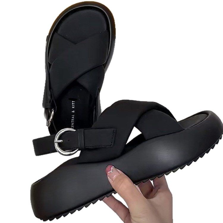 Red sandalias de hadas de verano 2025 nuevos estudiantes versátiles muffins de fondo grueso zapatos de playa romanos en la moda
