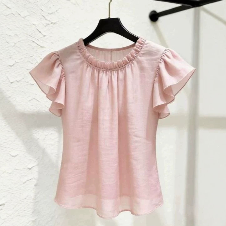Áo sơ mi nữ tay ngắn thiết kế rộng, cổ bèo nhún, tay phồng nhẹ — Màu hồng chi tiết 4